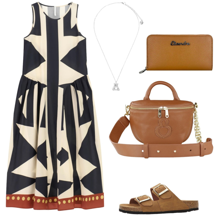 Outfit donna - Etnica. Stile Etnico per Tutti i giorni. Abbinamento con ciabatte, vestiti midi/longuette, ciondoli, portafogli, borse a tracolla.