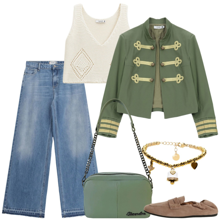 Outfit donna - Al concerto. Stile Trendy per Serata fuori. Abbinamento con jeans, cappotti, top, mocassini, braccialetti, borse a tracolla.