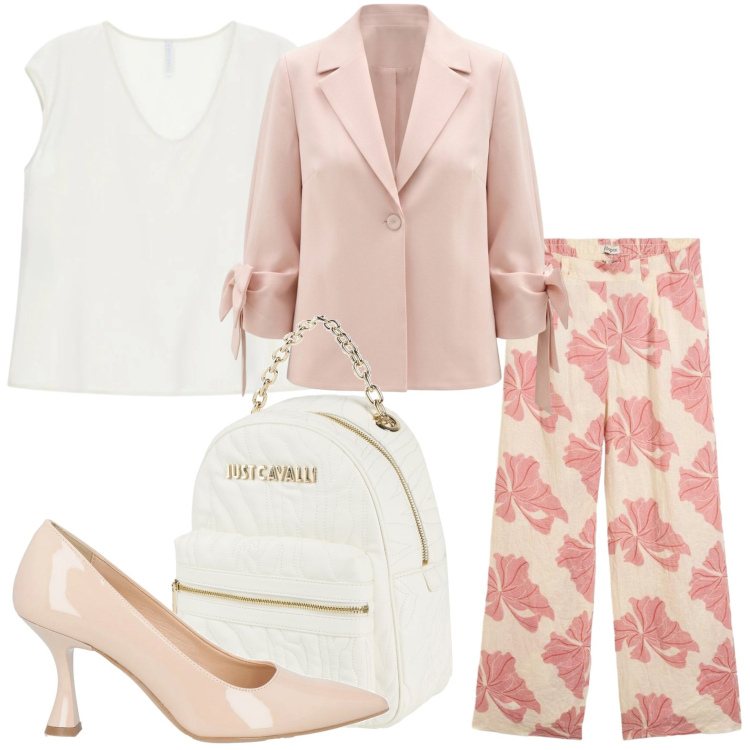 Outfit donna - Pantaloni beige e ciliegia. Stile Casual per Ufficio. Abbinamento con décolleté, zaini, pantaloni, top, blazer.