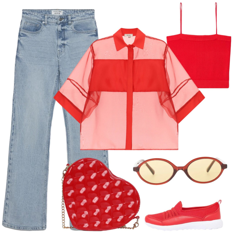 Outfit donna - I jeans denim intramontabili. Stile Casual per Tutti i giorni. Abbinamento con sneakers, top, jeans bootcut, borse a tracolla, camicie a manica corta, occhiali da sole.