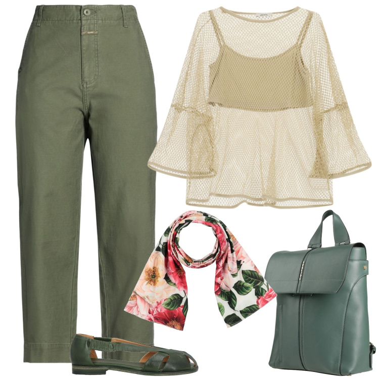 Outfit donna - L\'originale blusa a rete. Stile Minimal per Tutti i giorni. Abbinamento con pantaloni, sciarpe, zaini, ballerine, top.
