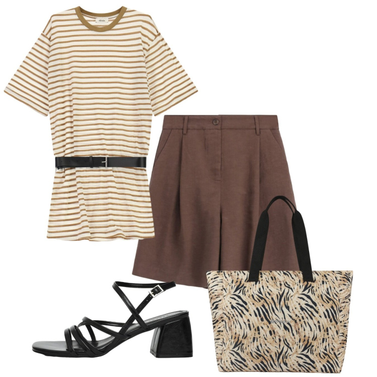 Outfit donna - Signorile. Stile Bon Ton per Tutti i giorni. Abbinamento con sandali col tacco, bermuda, vestiti corti, shopping bag.