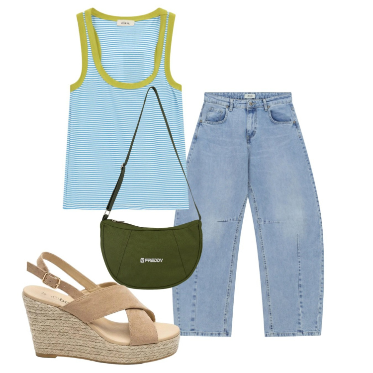 Outfit donna - In canotta. Stile Casual per Tutti i giorni. Abbinamento con sandali col tacco, jeans, canottiere, borse a spalla.