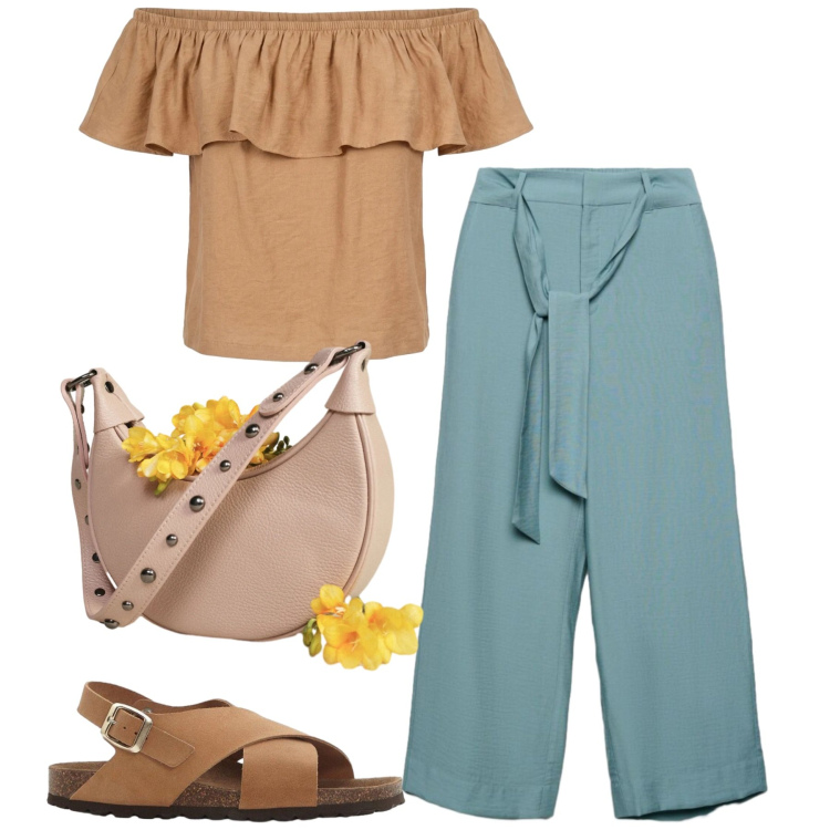 Outfit donna - Spalle scoperte. Stile Bon Ton per Tutti i giorni. Abbinamento con sandali in pelle, pantaloni a palazzo, borse a spalla, top.