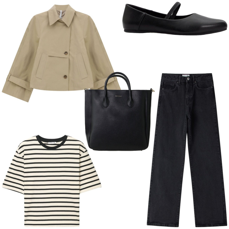 Outfit donna - Workwear di settembre. Stile Casual chic per Ufficio. Abbinamento con ballerine, trench, borse a tracolla, jeans dritti, t-shirt.