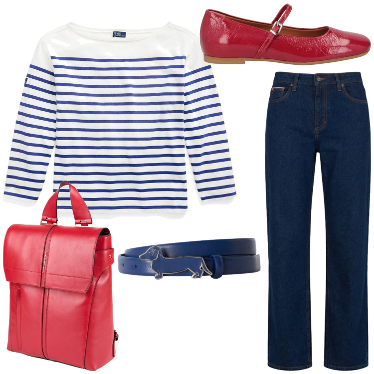 Outfit donna - Mariniere in ufficio. Stile Casual chic per Ufficio. Abbinamento con ballerine, zaini, t-shirt, jeans, cinture.