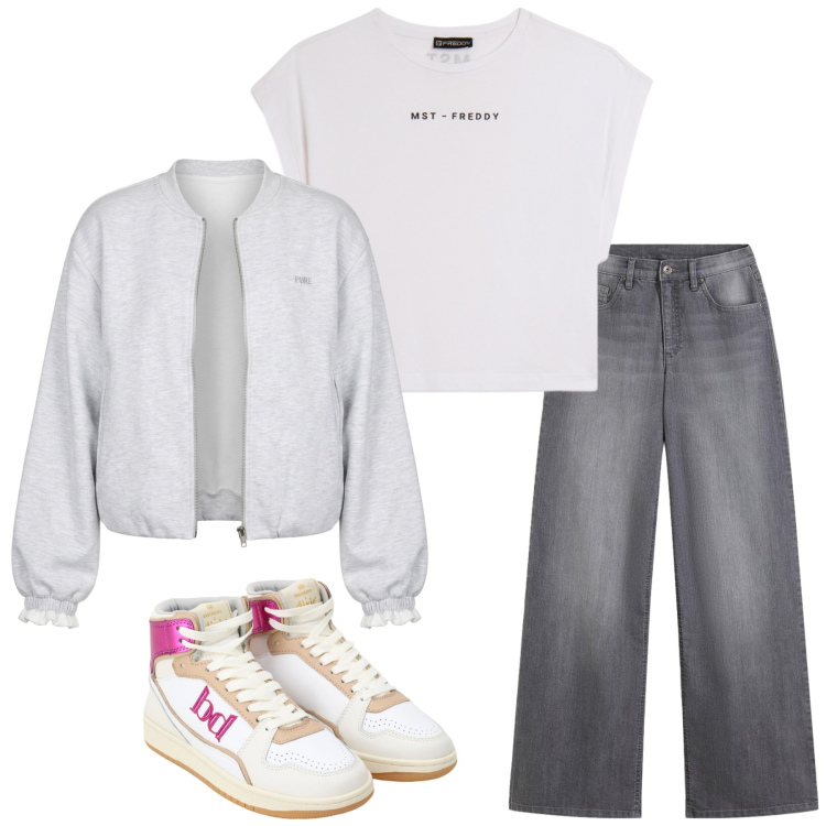 Outfit donna - Total look #2455311. Stile Minimal per Scuola/Università. Abbinamento con jeans, sneakers alte, felpe, t-shirt.