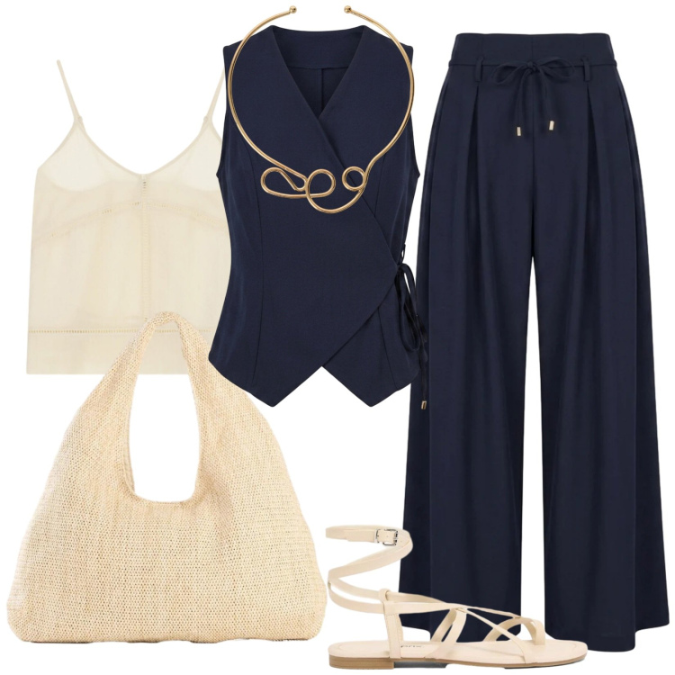 Outfit donna - Agosto con stile. Stile Minimal per Ufficio. Abbinamento con sandali, shopping bag, collane, top, pantaloni a palazzo, gilet.