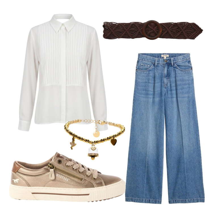Outfit donna - Agosto. Stile Romantica per Ufficio. Abbinamento con jeans, sneakers, cinture, camicie, braccialetti.