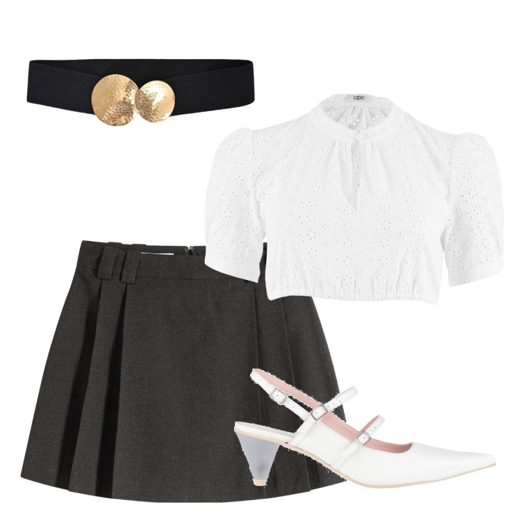 Outfit donna - Agosto. Stile Preppy per Scuola/Università. Abbinamento con décolleté, top, gonne, cinture.