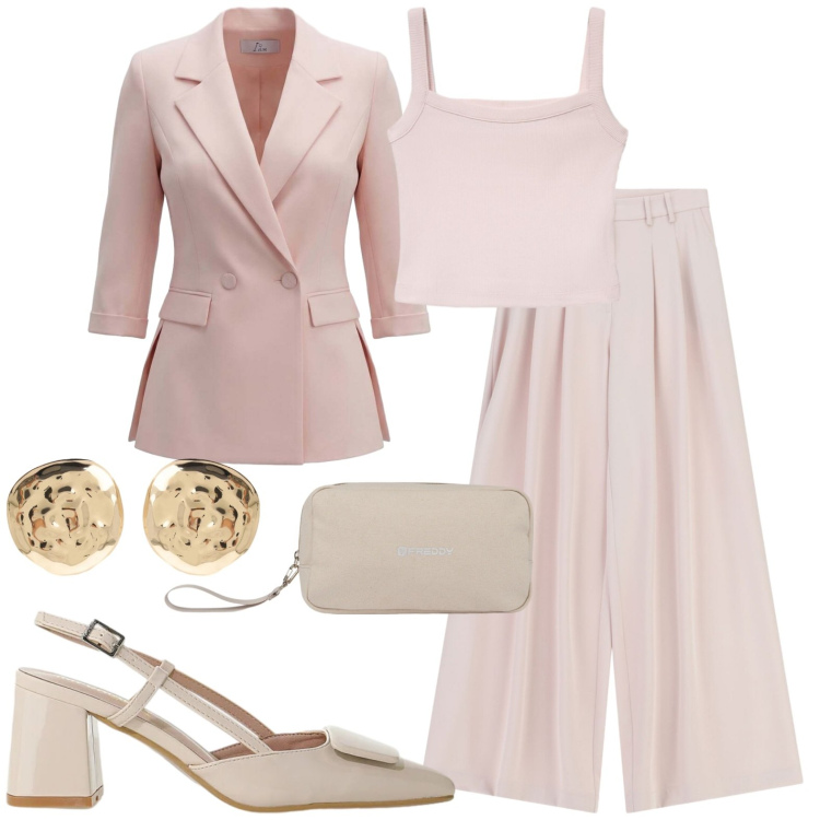 Outfit donna - Pink.... Stile Casual chic per Tutti i giorni. Abbinamento con décolleté, orecchini, canottiere, blazer, pantaloni a palazzo, valigie.
