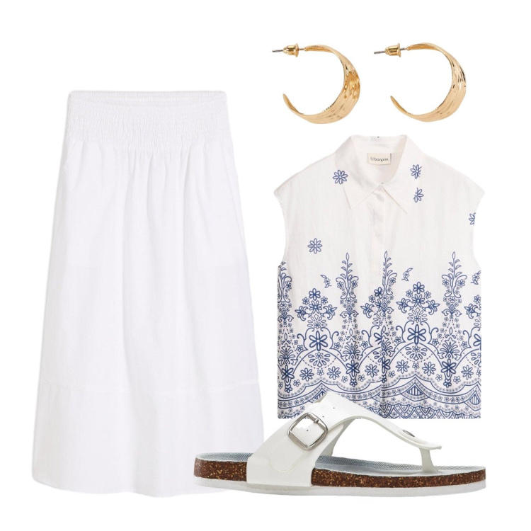 Outfit donna - Mercoledì sera. Stile Romantica per Serata fuori. Abbinamento con infradito, gonne longuette, orecchini, camicie a manica corta.