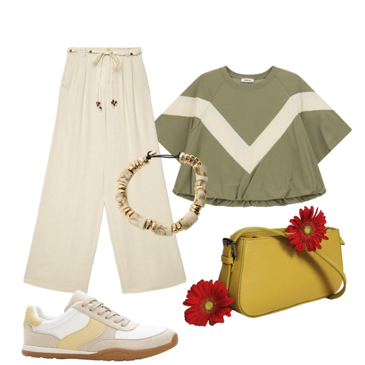 Outfit donna - In città. Stile Casual chic per Tutti i giorni. Abbinamento con sneakers, pantaloni, borse a spalla, braccialetti, t-shirt.