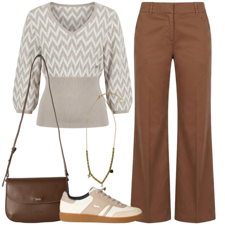 Outfit donna - Street style. Stile Casual chic per Ufficio. Abbinamento con maglieria, pantaloni, sneakers, borse a tracolla, ciondoli.