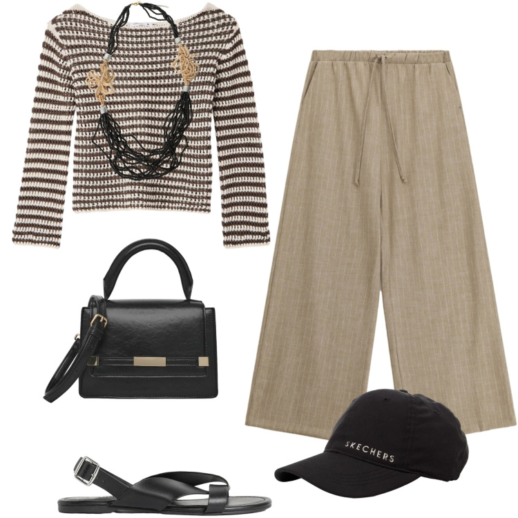Outfit donna - Versatile. Stile Sporty chic per Tutti i giorni. Abbinamento con sandali, cappelli con visiera, maglieria, borse a spalla, pantaloni a palazzo, collane.