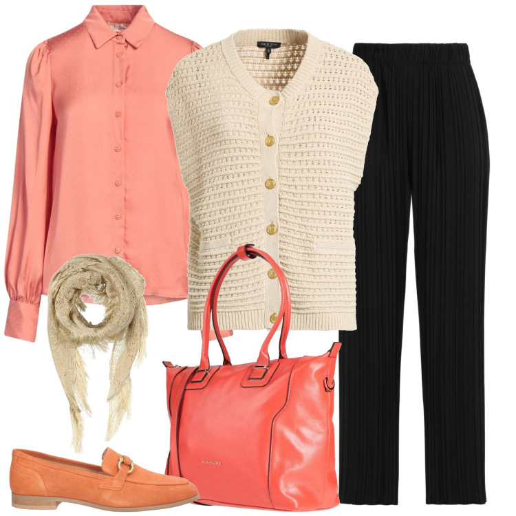 Outfit donna - Aria condizionata. Stile Mannish per Ufficio. Abbinamento con cardigans, pantaloni, mocassini, zaini, stole, camicie.