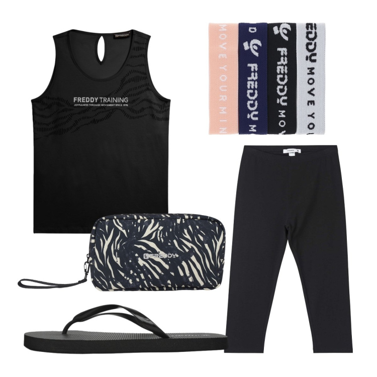 Outfit donna - Agosto. Stile Minimal per Sport. Abbinamento con leggings, infradito, braccialetti, valigie, canottiere.