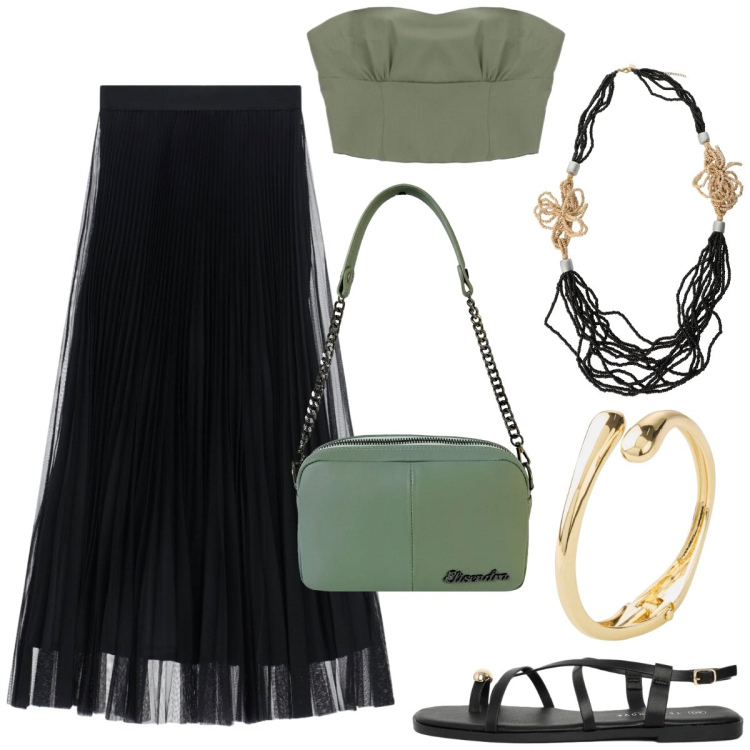 Outfit donna - Al sushi. Stile Boho per Tutti i giorni. Abbinamento con braccialetti, gonne lunghe, collane, top, sandali, borse a tracolla.
