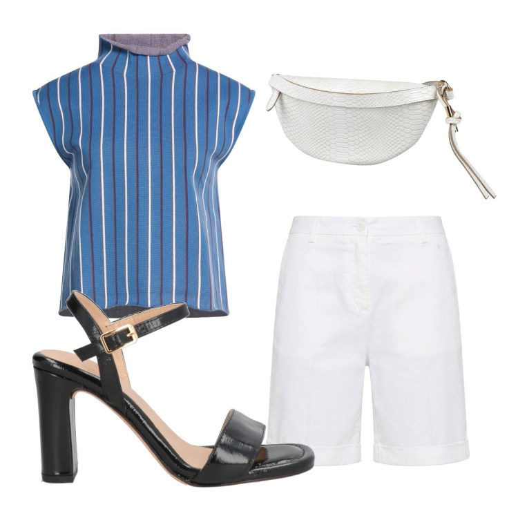 Outfit donna - Agosto. Stile Urban per Ufficio. Abbinamento con t-shirt, marsupi, sandali in pelle, bermuda.
