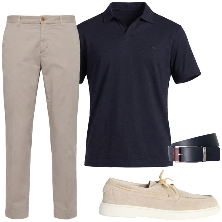 Outfit uomo - Blu e beige. Stile Trendy per Serata speciale. Abbinamento con scarpe stringate, pantaloni chino, polo, cinture.