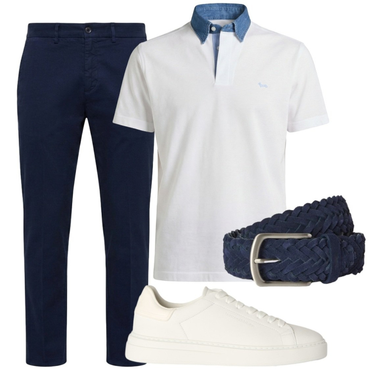 Outfit uomo - Raffinatezza maschile. Stile Trendy per Serata speciale. Abbinamento con pantaloni chino, polo, cinture, sneakers.