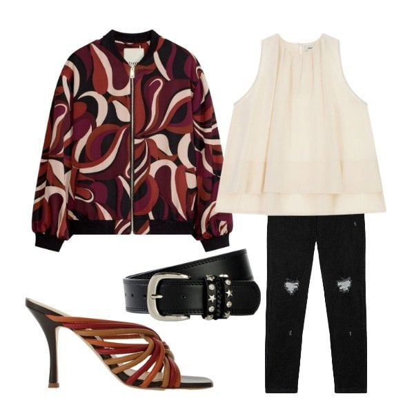 Outfit donna - agosto. Stile Rock per Serata fuori. Abbinamento con bomber, cinture, jeans skinny, sandali col tacco, canottiere.
