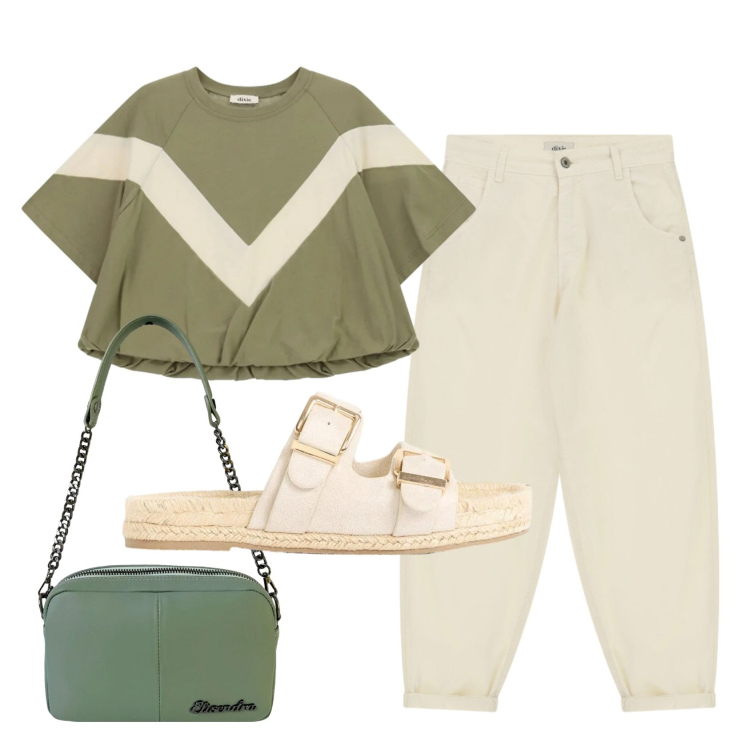 Outfit donna - Total look #2455372. Stile Casual per Tutti i giorni. Abbinamento con ciabatte, t-shirt, pantaloni, borse a tracolla.
