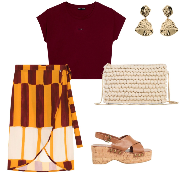 Outfit donna - Vacanze. per Mare. Abbinamento con zeppe, clutch, orecchini, gonne longuette, t-shirt.