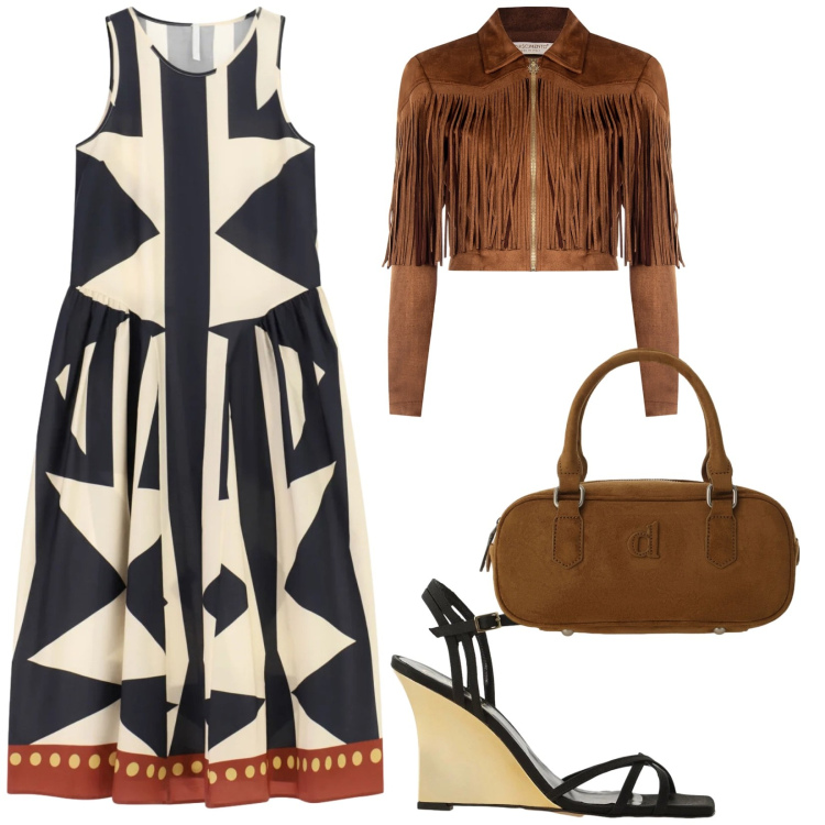 Outfit donna - Fine vacanza. per Tutti i giorni. Abbinamento con vestiti midi/longuette, borse a mano, sandali col tacco, giacche.