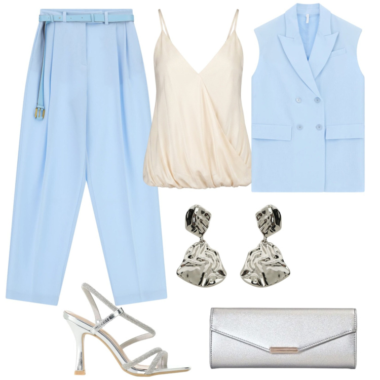 Outfit donna - Cerimonia di fine estate. Stile Glamour per Cerimonia. Abbinamento con pantaloni a palazzo, gilet, sandali col tacco, orecchini, clutch, top.