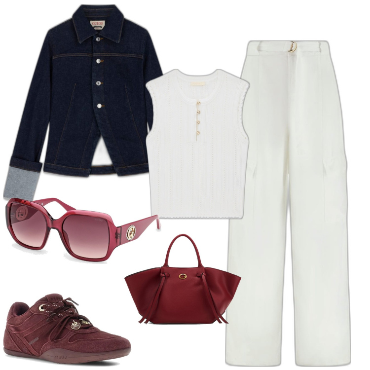 Outfit mujer - Casual #7444. Estilo Casual para Todos los días. Combinación con sneakers, pantalones cargo, bolsos de mano, top, gafas de sol, blazers.