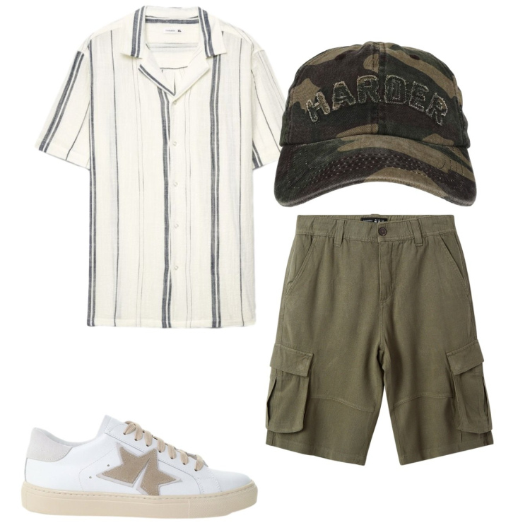 Outfit uomo - Total look #2455392. Stile Casual per Tutti i giorni. Abbinamento con sneakers, bermuda, cappelli con visiera, camicie a manica corta.