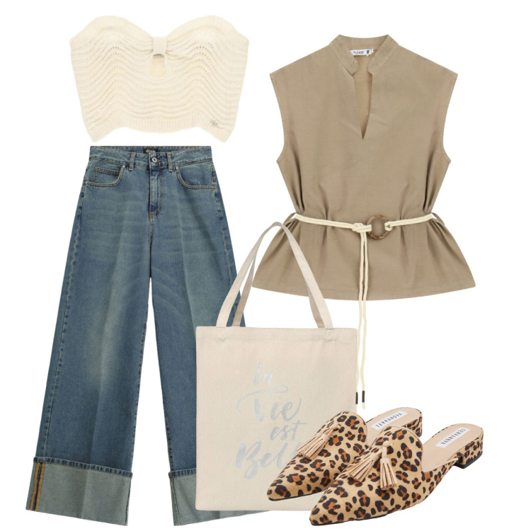Outfit donna - Agosto. Stile Chic per Ufficio. Abbinamento con sabot, borse tote, camicie, top, jeans.