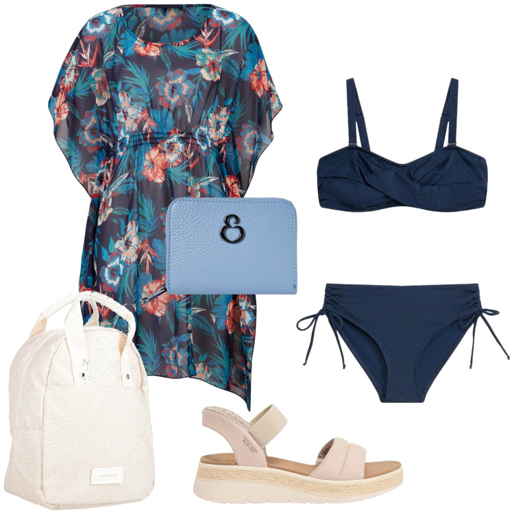 Outfit donna - Una mattina in piscina. Stile Casual chic per Mare. Abbinamento con zaini, vestiti da spiaggia, bikini, sandali, portafogli.