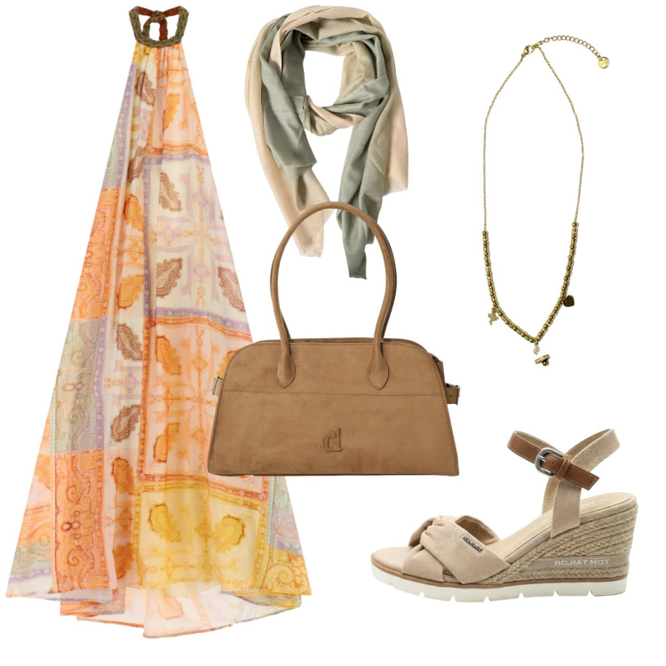 Outfit donna - In vacanzaaaaa. Stile Etnico per Tutti i giorni. Abbinamento con sandali col tacco, borse a spalla, vestiti lunghi, ciondoli, foulard.