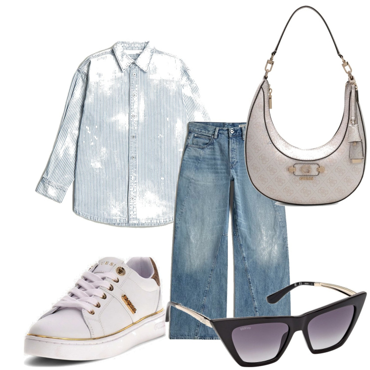 Outfit mujer - Casual look. Estilo Casual para Todos los días. Combinación con vaqueros pata de elefante, gafas de sol, sneakers, bolsos de hombro, camisas.