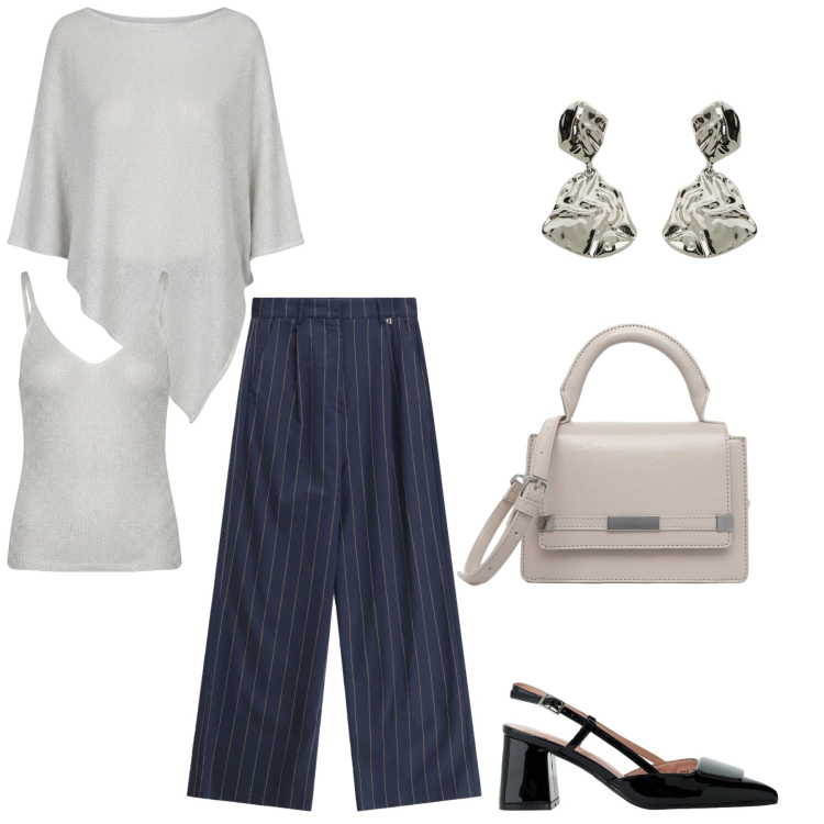 Outfit donna - Elegante in ufficio. Stile Bon Ton per Ufficio. Abbinamento con borse a tracolla, décolleté, pantaloni a palazzo, orecchini, cappotti, top.