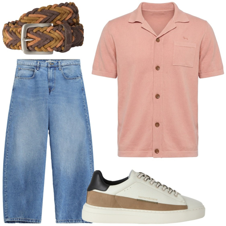 Outfit uomo - Giorno libero dal lavoro. Stile Trendy per Tutti i giorni. Abbinamento con camicie a manica corta, sneakers, cinture, jeans.