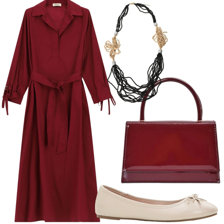 Outfit donna - Settembre. Stile Chic per Serata fuori. Abbinamento con ballerine, collane, vestiti midi/longuette, borse a mano.