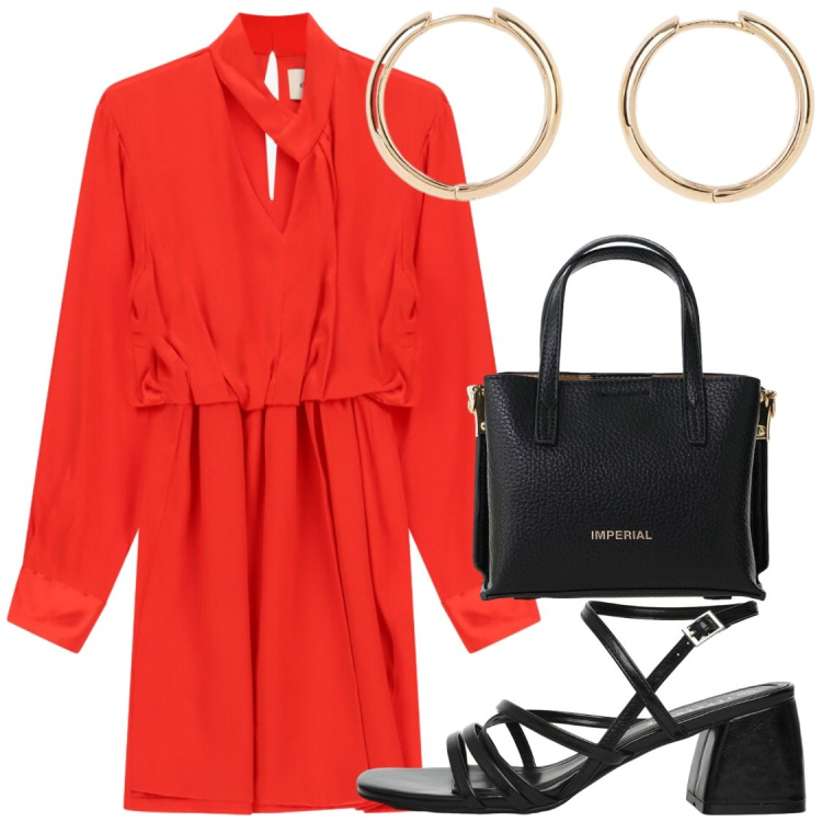 Outfit donna - Agli sgoccioli dell\'estate. Stile Chic per Serata fuori. Abbinamento con orecchini, borse a tracolla, vestiti asimmetrici, sandali col tacco.