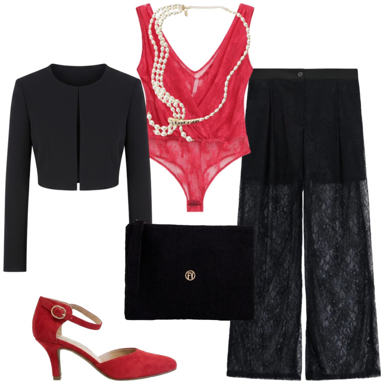 Outfit donna - Total look #2455434. Stile Sexy per Serata fuori. Abbinamento con décolleté, pantaloni a palazzo, top, collane, bolero, pochette.