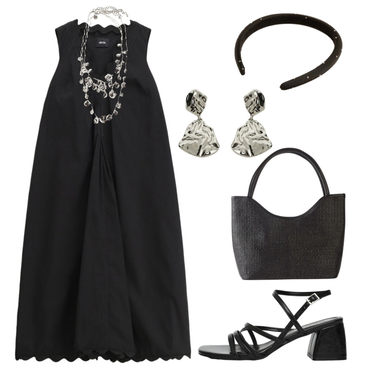 Outfit donna - Cena nero e argento. Stile Glamour per Serata fuori. Abbinamento con shopping bag, sandali col tacco, collane, orecchini, vestiti midi/longuette, cerchietti.