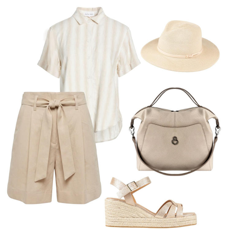 Outfit donna - Naturale in vacanza. Stile Trendy per Tutti i giorni. Abbinamento con cappelli, camicie a manica corta, espadrillas, bermuda, borse a mano.