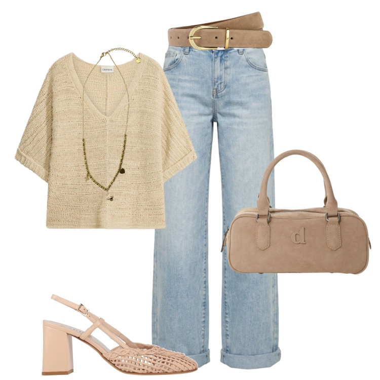 Outfit donna - Fine estate in città. Stile Casual chic per Tutti i giorni. Abbinamento con décolleté, t-shirt, cinture, borse a mano, jeans, ciondoli.