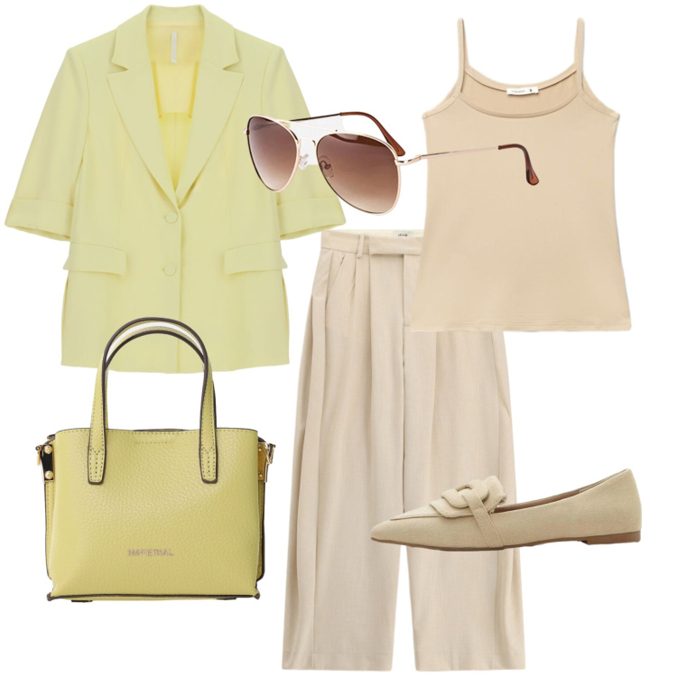 Outfit donna - In ufficio d\'agosto. Stile Basic per Ufficio. Abbinamento con occhiali da sole, mocassini, canottiere, borse a tracolla, blazer, pantaloni a palazzo.