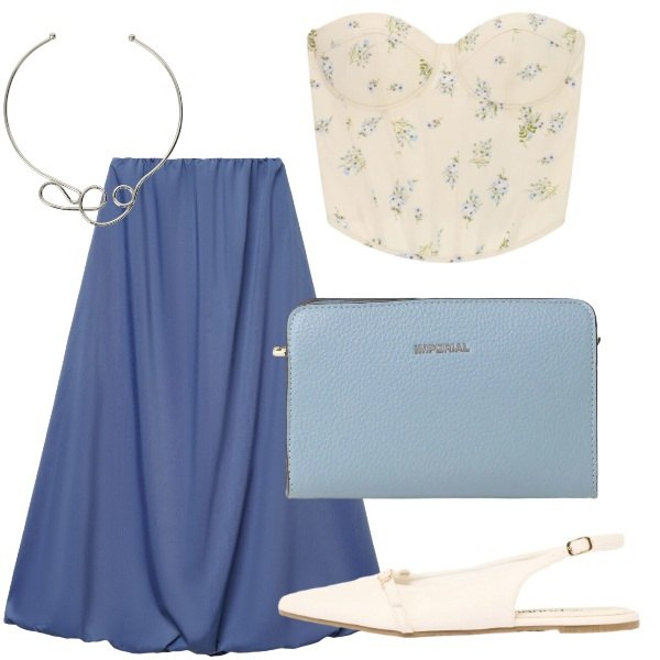 Outfit donna - Romantica. Stile Romantica per Serata fuori. Abbinamento con ballerine, gonne lunghe, top, borse a tracolla, collane.