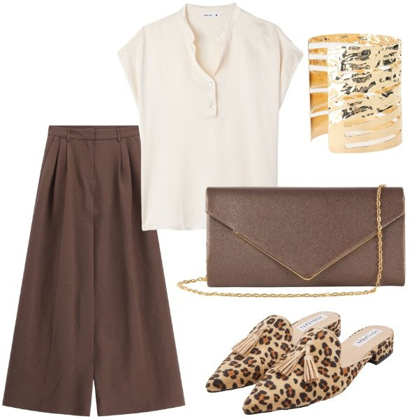 Outfit donna - sabot animalier. Stile Chic per Serata fuori. Abbinamento con canottiere, sabot, pantaloni a palazzo, braccialetti, clutch.