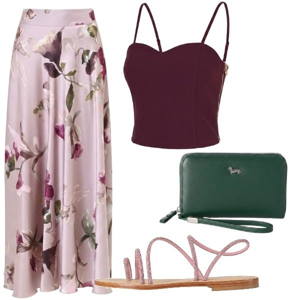 Outfit donna - Rosa e bordeaux. Stile Casual chic per Serata fuori. Abbinamento con ciabatte, portafogli, gonne lunghe, top.