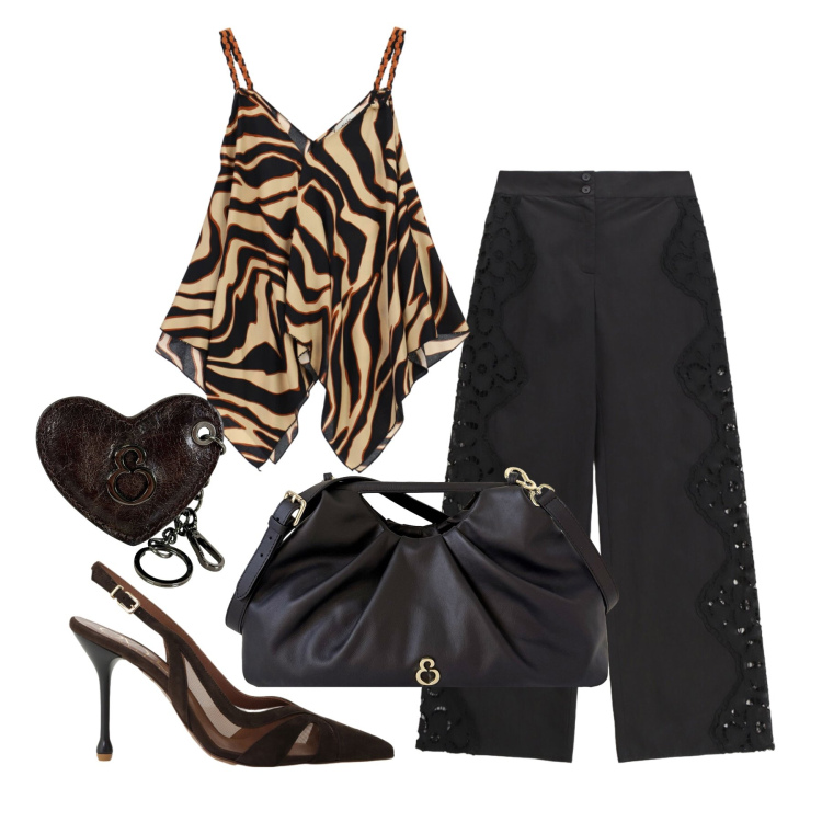 Outfit donna - Agosto. Stile Glamour per Serata fuori. Abbinamento con pantaloni a palazzo, décolleté, top, portachiavi, clutch.