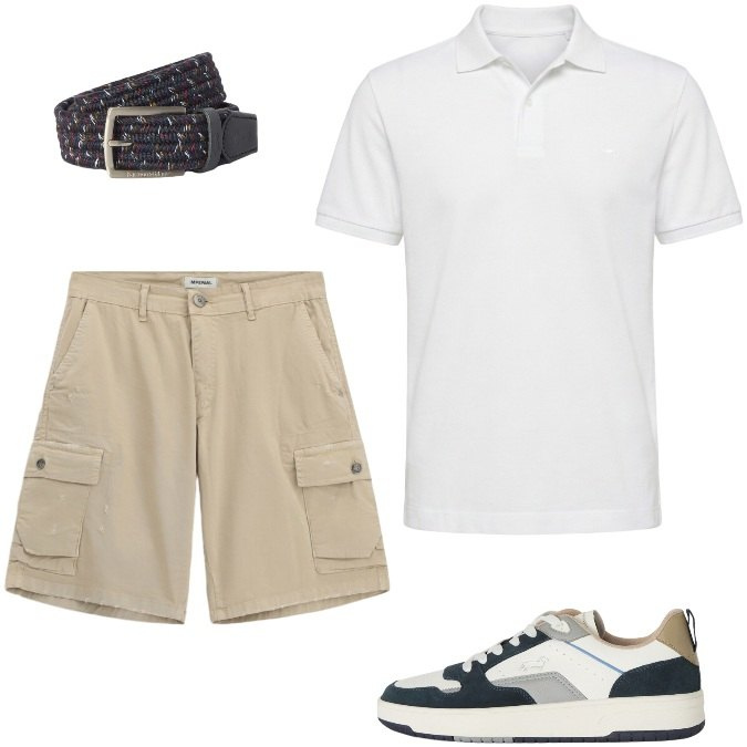 Outfit uomo - Giornate d\'estate. Stile Casual per Tutti i giorni. Abbinamento con polo, sneakers, cinture, bermuda.
